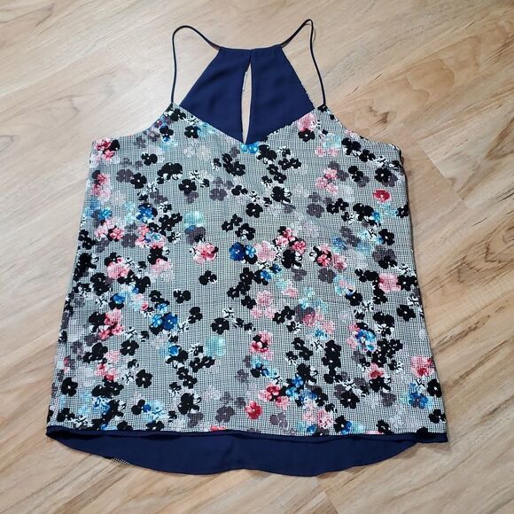 🔺️Express Blue & Floral Checkered Reversible Flowy Sleeveless Top Large - Picture 1 of 13